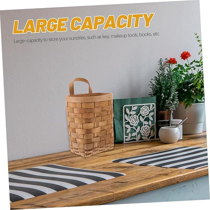 Garneck Wall Hanging Woven Storage Basket Wood Wall Mounted Organizer with Handle Compact Nordic Style Storage Bin for Kitchenware Makeup Tools and Keys Carbonized Color