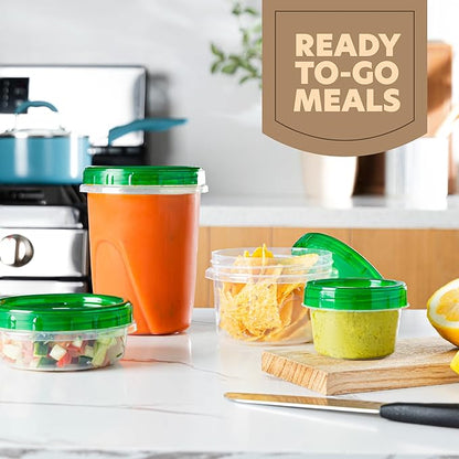 PLASTICPRO 24 Pack Twist Top Containers Assorted Sizes Plastic Food Storage Containers with Green Twist on Lids Stackable Reusable