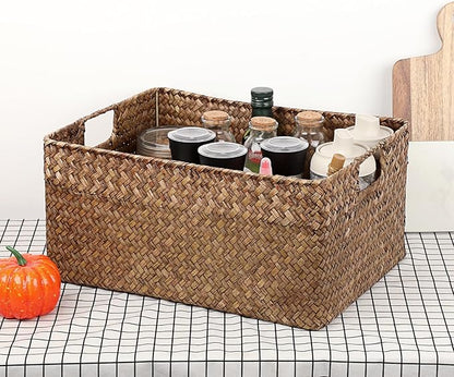 Hipiwe Seagrass Storage Baskets Bin for Shelf Handwoven Wicker Baskets Built-in Handles Rectangular Closet Bedroom Organizer Box Multipurpose Storage Basket Organizer,16.1"L x11.8"W x7.7"H