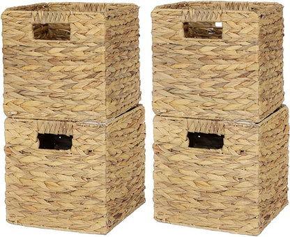 4 Pack 9in Wicker Storage Cubes, Water Hyacinth Baskets, Foldable Wicker Baskets, Storage Basket with Built-in Handles, Handwoven Natural Basket for Shelves, Outdoor