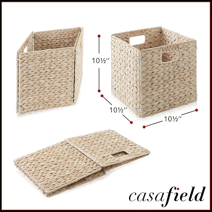 Casafield 10.5" x 10.5" Hyacinth Storage Baskets, Whitewash - Set of 2 Storage Organizers, Woven Wicker Cubes