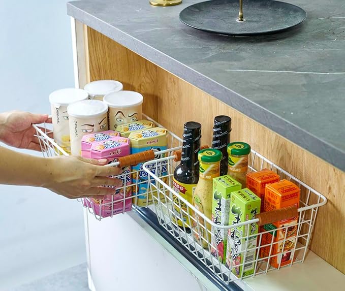 Wire Kitchen Storage Basket 4 Packs,Perfect Pantry Organization Accessories Baskets,Laundry Basket,With a Wooden handle,Suitable for Kitchen,Bathroom,Bedroom,Tabletop,Stackable,White