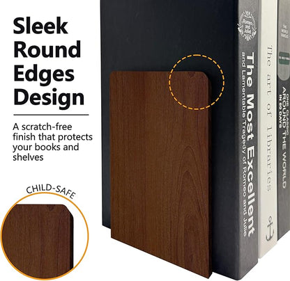Walnut Wood Book Ends for Shelves - Hand Polished Edges, Non-Skid Bookends for Heavy Duty Book Holders Office Desk Shelves Decorative Book Organizer, 6.69"H x 4.72"W x 3.94"L (1 Pairs)