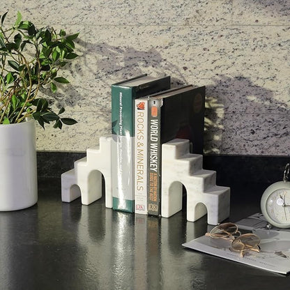 Decorative Natural Marble Book Ends for Shelves, Aesthetic Stone Bookends for Heavy Books, Unique Castle Book Holder/Stopper for Chic Home, Office, or Library Any Bookshelf Decor, Set of 2 (White)