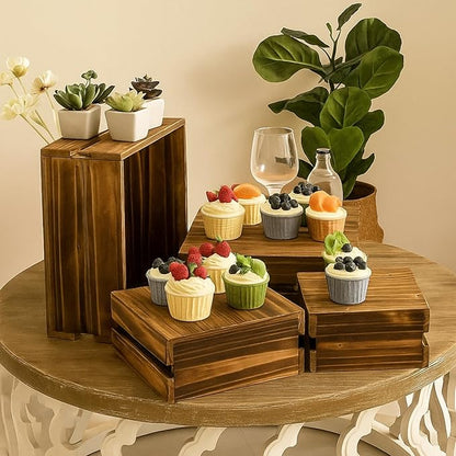 8PCS Wooden Buffet Risers and Stands with Reusable Table Signs, stackable Cube Rustic Wood Food Risers for Buffet Display, Cupcake Holder, Cupcake Stand, Dessert Table Display Set, 8PCS