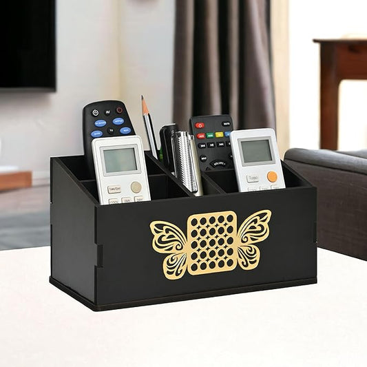 GKD wooden Remote Stand with 5 Sections | Remote Holder for Living Room, TV, and AC | Stationary Organizer | 5 in 1 | Ideal for Home and Office (Black Butterfly)