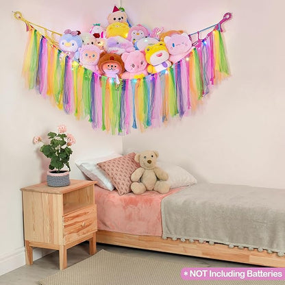 FIOBEE Stuffed Animals Net or Hammock with LED Light, Toy Hammock Hanging Stuffed Animals Storage Organizer Holder Room Décor for Nursery Kids Bedroom