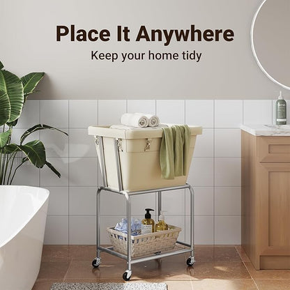 ELYKEN Laundry Cart with Wheels, Rolling Laundry Hamper with Removable Bag and Shelf, Metal Frame Laundry Basket with 4 Casters and 2 Brakes, Ideal for Bedroom, Bathroom, Laundry Room, Cream