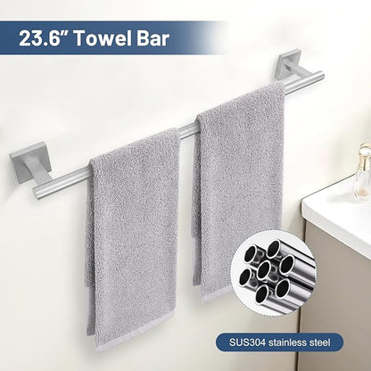 TURS 5-Pieces Brushed Nickel Bathroom Hardware Set 23.6 Inch SUS304 Stainless Steel Towel Bar Set Wall Mounted Square Toilet Paper Holder with Shelf