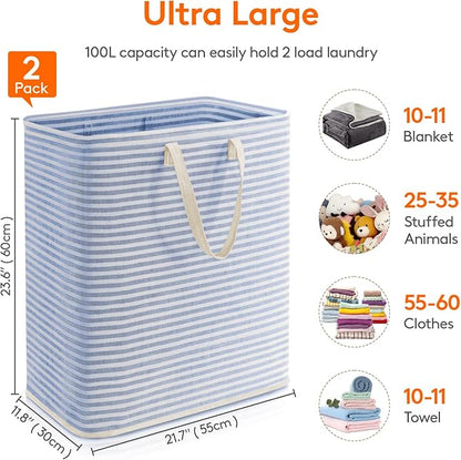 Lifewit 2 Pack Laundry Hamper Large Collapsible Laundry Baskets, Freestanding Waterproof Clothes Hamper with Easy Carry Handles in Laundry Room Bedroom Bathroom College Dorm, Blue, 2 x 100L