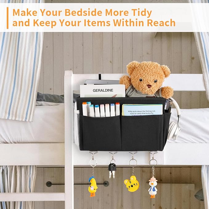 Frjjthchy Bedside Storage Organizer 5 Pockets with 4 Hooks Hanging Storage Bag for Headboards/Bunk Bed (Black)