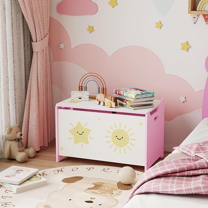 Qaba Toy Box with Lid, Toy Chest with Safety Hinges for Kids Boys Girls, Storage Organizer for Living Room, Playroom, Nursery, Bedroom, 24" L x 15" W x 15" H, Pink