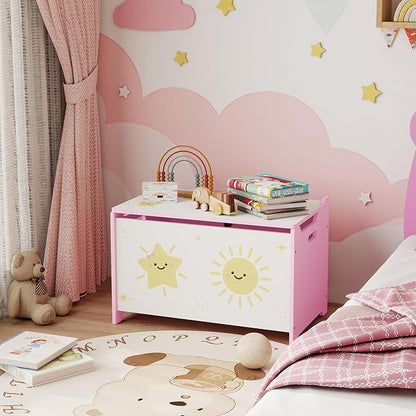 Qaba Toy Box with Lid, Toy Chest with Safety Hinges for Kids Boys Girls, Storage Organizer for Living Room, Playroom, Nursery, Bedroom, 24" L x 15" W x 15" H, Pink