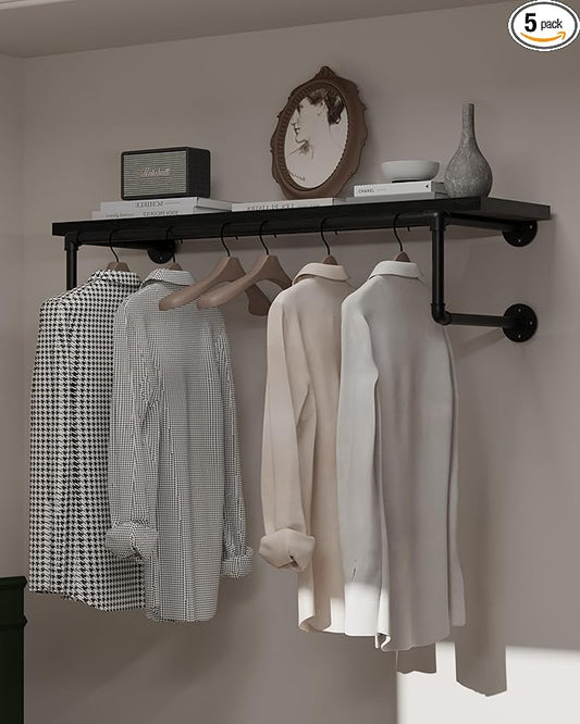Clothes Rack 36in, Wall Mounted Garment Racks with Real Black Wood Shelf, Heavy Duty Hanging Clothes Rack, Multi-Purpose Hanging Rod, Space-Saving Closet Storage