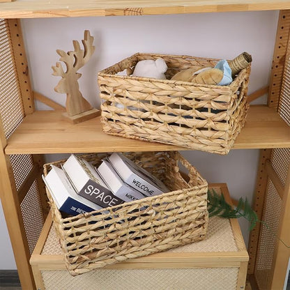 GYASVWU Rectangular Water Hyacinth Storage Basket, Wicker Baskets for Organizing,Hyacinth Baskets with Handle, Decorative Rattan Basket for Bathroom/Bedroom/Shelves/Living Room (Large)