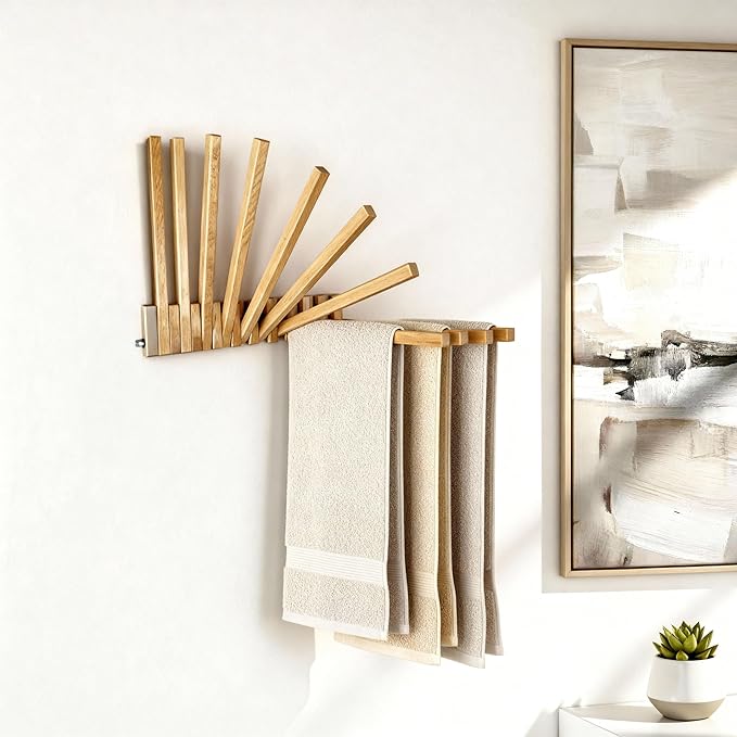 Beech Wood Wall Mounted Drying Rack for Laundry Room with 10 Mount Folding Coat Hooks Racks Drying Hanger for Clothes Bathroom Hat Towels Robes Rack Saving Space
