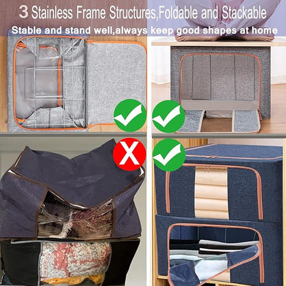 SWEERI Large Storage Bags,Foldable Storage Bins with Hold Shape Metal Frame,Closet Organizer Containers with Zipper,Clear Window,Thick Fabric for Seasonal Clothing,Bedding (66L x 3 Pack)