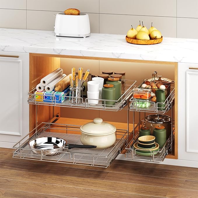 MODCART 2 Tier Individual Pull Out Cabinet Organizer 27" W x 21½" D, Heavy Duty Cabinet Pull Out Shelves, Slide Out Drawers Organization for Kitchen Cabinets Bathroom