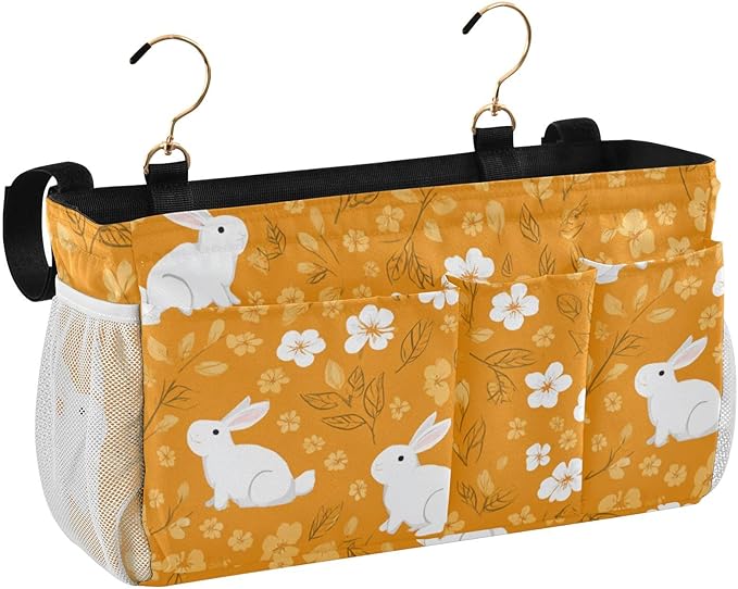 CuwrYet Bedside Caddy Hanging Bunk Bed Caddy Bed Organizer Hanging Pocket with 2 Hooks Bedside Storage Organizer Pocket Bag Holder White Flowers Bunny Orange Leaf