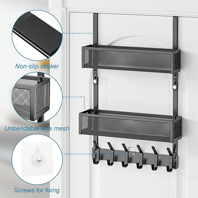 Aimeaihe Over The Door Hooks Organizer, Over The Door Towel Rack with 12 Coat Hooks and 2 Mesh Basket, Bathroom Door Organizer Back of Door Hanger Organizer for Bedroom, Kitchen(Black)