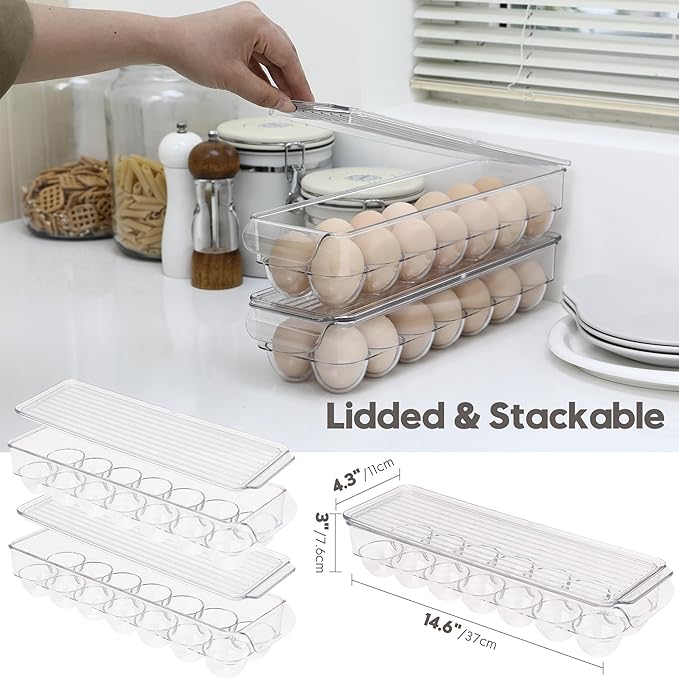 Sea Team Clear Plastic Egg Holder for Fridge, Refrigerator Egg Tray, Stackable Egg Container with Lid, Dispenser for Kitchen Storage and Organizer, Set of 2