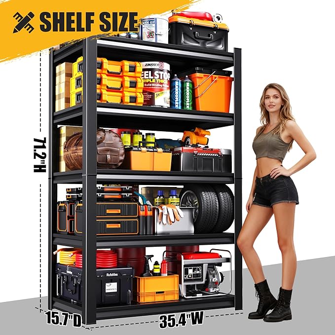 71" H Garage Shelving 5-Tier Heavy Duty Storage Shelves, Adjustable Metal Shelf Unit, Utility Organizer Rack for Basement, Pantry, Kitchen, Warehouse,15.7" Dx35.4 Wx71.2 H, Black