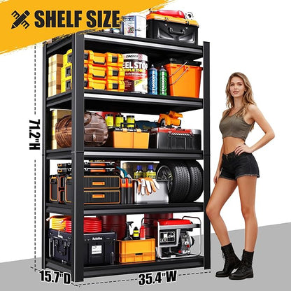 71" H Garage Shelving 5-Tier Heavy Duty Storage Shelves, Adjustable Metal Shelf Unit, Utility Organizer Rack for Basement, Pantry, Kitchen, Warehouse,15.7" Dx35.4 Wx71.2 H, Black