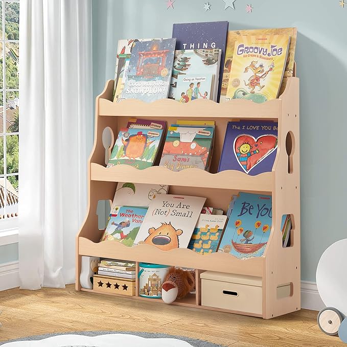Wooden Kids Bookshelf, Book Shelf for Kids Rooms w/Scalloped Edges, Durable Childrens Bookshelf with 3 Cube Bins for Books & Toys - Toddler Montessori Bookcase Nursery