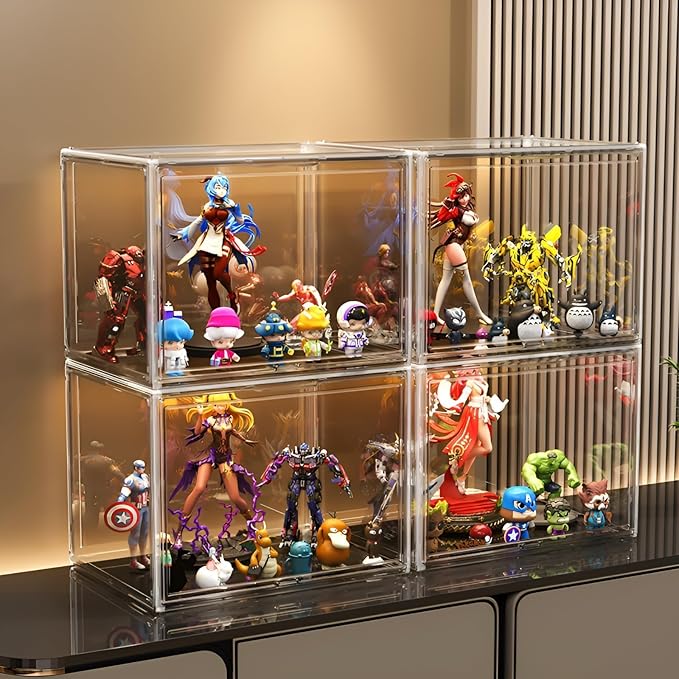 GUDEMAY Large Clear Stackable Plastic Storage Bins with Door, Dustproof Figure Collectibles Display Case, Football & Motorcycle Helmet Showcase, Basketball, Sports Memorabilia Organizer (XL, Count, 3)