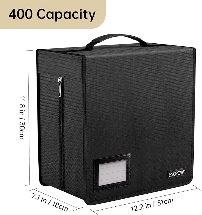 ENGPOW Fireproof CD Case, CD/DVD Storage Box,400 Capacity CD Binder DVD Storage Holder with Zippers, Portable Large Card Media Wallet Organizer Safe for Home Office Travel Car,Black,12.2"x11.8"x7.1"