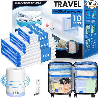 Eunhdet 10 Pack Travel Vacuum Storage Bags with USB Electric Pump, Combo Space Saver Vacuum Seal Bags for Clothing Travel Vaccine Sealed Storage Bag for Blankets Clothes Comforters Luggage, Clear