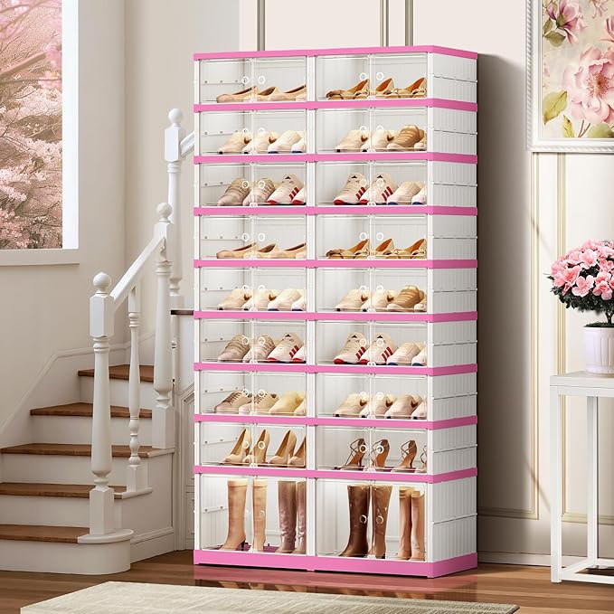 CIMLORD 9-Tier Foldable Shoe Rack Organizer for Closet,36 Pairs Collapsible Plastic Shoe Shelf,Large Shoes Cabinet with Door,Clear Stackable Storage Box Easy Assembly（White-Pink）