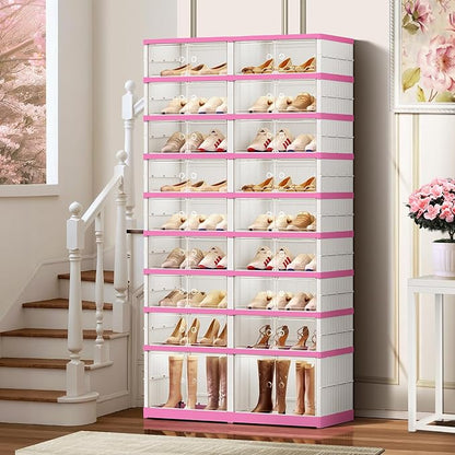 CIMLORD 9-Tier Foldable Shoe Rack Organizer for Closet,36 Pairs Collapsible Plastic Shoe Shelf,Large Shoes Cabinet with Door,Clear Stackable Storage Box Easy Assembly（White-Pink）