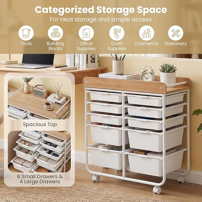 GOFLAME 10-Drawer Rolling Storage Cart, Craft Storage Cart with Wooden Tabletop, Lockable Wheels and Handles, Art Cart Supply Storage Organizer with Metal Frame for Home Office Classroom, White