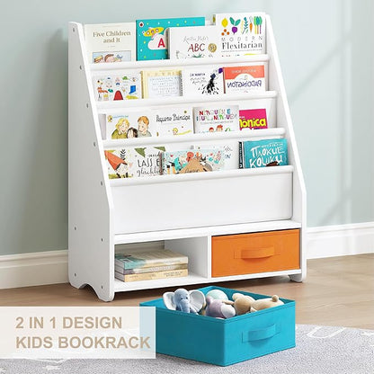 UTEX Kids Bookshelf with Storage Bins, Book Shelf for Kids Rooms, 4-Tier Toddler Sling Bookshelf for Nursery, Living Room, Bedroom, White