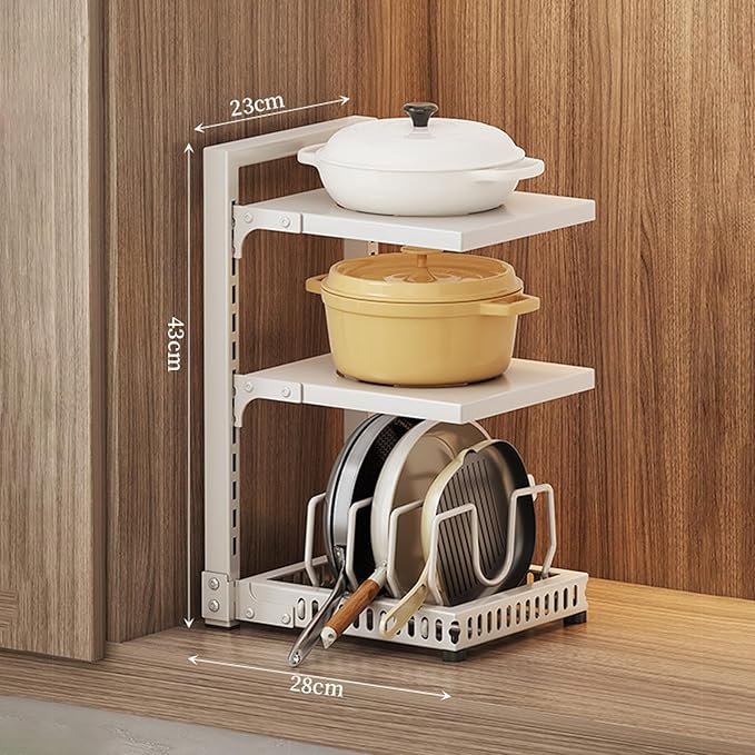 Dxcaicc Adjustable Pot Organizer Rack for Under Cabinet, Heavy Duty Storage Holder for Pots, Pans, and Lids, Space-Saving Kitchen Shelf Organizer,White,Third Layer
