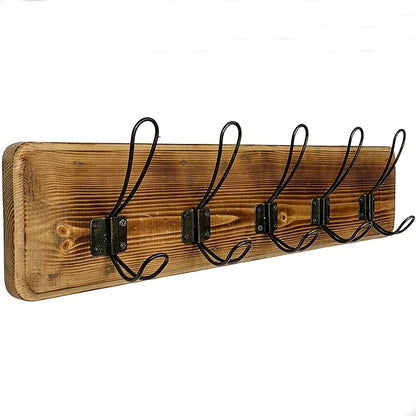 Coat Rack Wall Mount – 24” Reclaimed Burnt Pine Wood with 5 Hooks, Rustic Wooden Wall Mounted Organizer with Wall Hooks for Hanging, Farmhouse Entryway, Hallway, Bathroom, or Bedroom