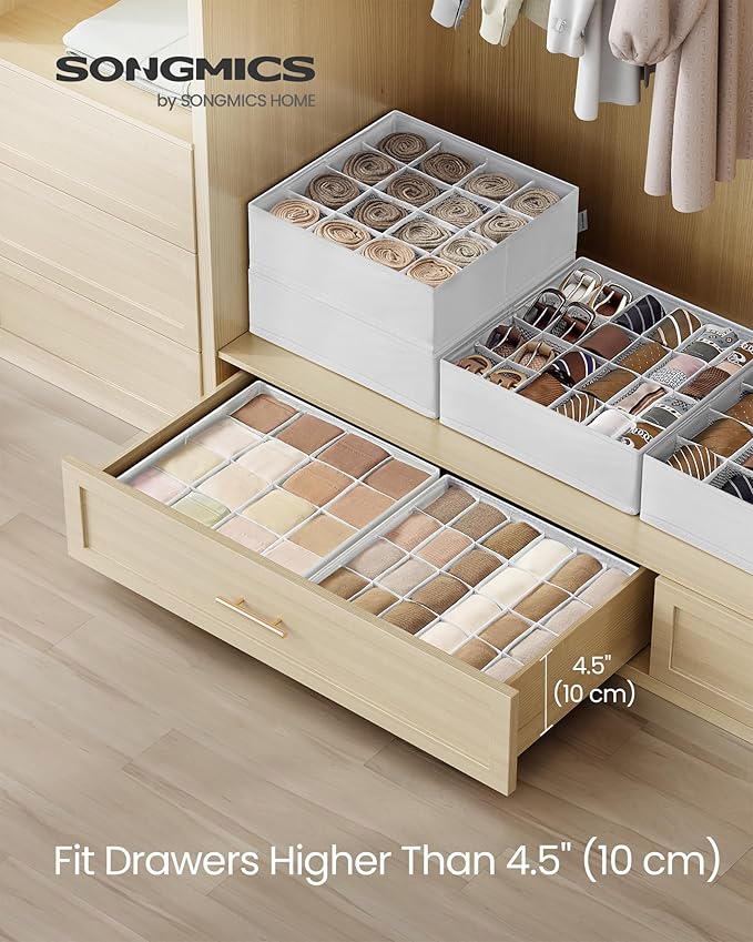 SONGMICS 4 Pack Drawer Organizers, 80 Cells (2x16+2x24), Foldable Dividers, 11.8 x 11.8 x 3.9 Inches, for Socks, Underwear, Ties, Belts, Cloud White URUS011W01