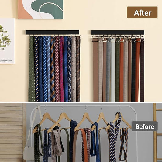 ZEDODIER 2 Pack Wodden Tie Hanger Wall Mounted, Space Saving Belt Organizer for Man with 24 180° Rotating Hooks, Space Saving Belt Storage Holder, Black