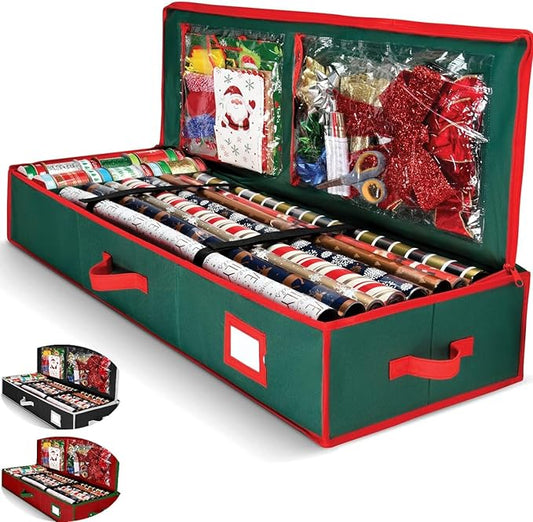 Premium Wrapping Paper Organizer Storage | Gift Wrap Holder With Extra Pockets for Christmas Decorations, Reinforced Handles, Heavy Duty, Ultra-Durable, Tear-Proof Fabric - Fits Up to 27 Rolls (Green)