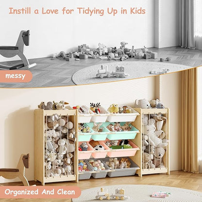 Large Toy Storage Organizer, Wooden Stuffed Animal Storage & 12-Bins Toy Organizer, Double-Sided Plush Toy Holder Featuring Thicker Ropes, Space Save Playroom Nursery Bedroom Storage, Multi