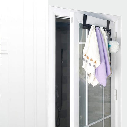 WEBI Over The Door Hooks,Over Door Towel Rack with 6 Peg Hooks for Hanging,Door Coat Hanger Door Coat Rack for Behind Back of Bathroom,Black