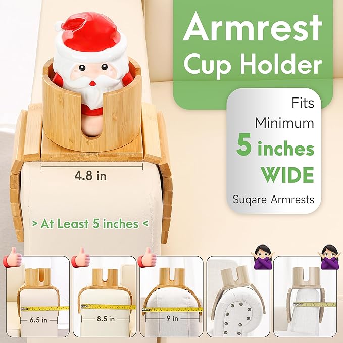 SINWANT Couch Cup Holder, Bamboo Couch Drink Holder for Large Coffee Mug,Non-Slip 360° Rotation 2 in 1 Sofa Cup Holder & Phone Stand, Clip on Sofa RV Car Armrest for Water Bottles,Cans,Wine