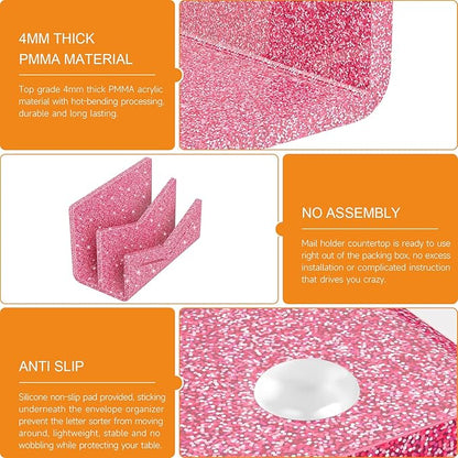 Beego Envelope and Mail Organizer Countertop - 2 Compartments Glitter Pink Acrylic Desk Organizer Letter Holder Desktop File Sorter Bill Document Folder Rack for Office, Home, School