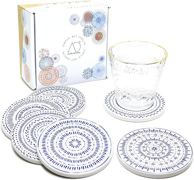 AD Set of 6 Coasters for Drinks Absorbing Round Ceramic Stone Coaster with Cork Base,Tabletop Protection Mat for Mugs and Cups,Office,Kitchen (Nordic Blue)