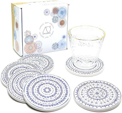 AD Set of 6 Coasters for Drinks Absorbing Round Ceramic Stone Coaster with Cork Base,Tabletop Protection Mat for Mugs and Cups,Office,Kitchen (Nordic Blue)