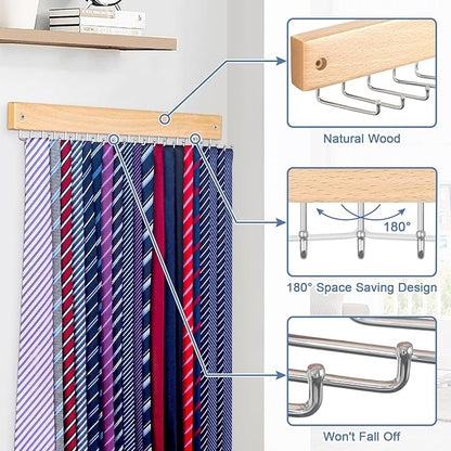 【2 in 1】 2 Pack Tie Organizer Belt Organizer Wall Mounted, Space Saving Tie Rack Belt Hanger for Closet with 40 Storage Hooks, Belt Tie Holder for Closet Organizer Storage Natrual
