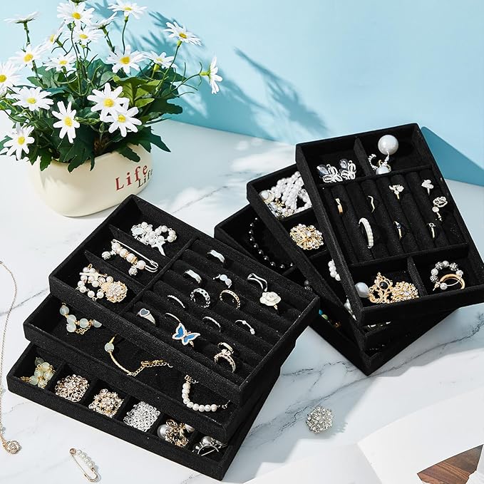 Junkin 18 Pcs Velvet Jewelry Tray Stackable Jewelry Drawer Organizer Jewellery Box Divided Display Tray for Earring Bangle(Black)