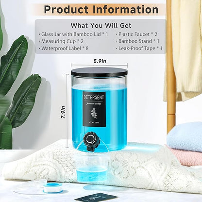 1 Glass Laundry Detergent Dispenser with Black Bamboo Lid - 120 Oz Liquid Detergent, Laundry Soap & Fabric Softener Dispenser for Laundry Room Organization and Storage with 1 Cups & 4 Labels