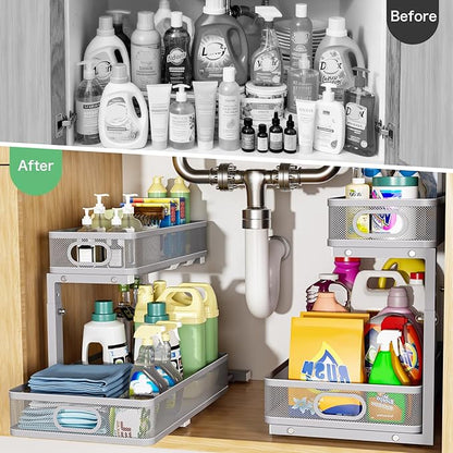 Under Sink Organizer, High Adjustable 2 Tier Under Sink Organizers and Storage, Slide Out Metal Cabinet Organizers, Pull Out Sink Storage Drawer Shelf for Kitchen Bathroom Cabinet, Grey, 1 Pack